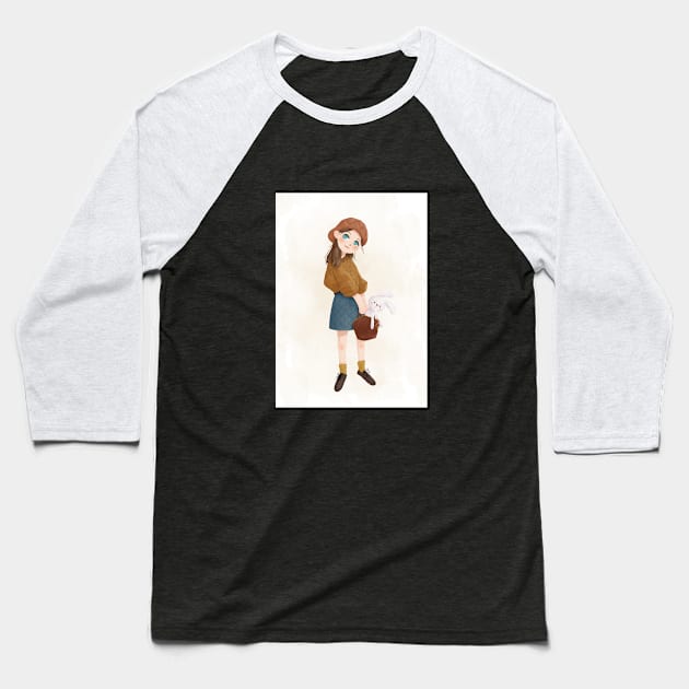 Girl with rabbit in bag Baseball T-Shirt by xiaolindrawing